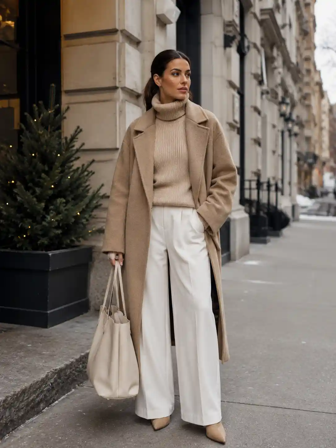 Beige Knit Turtleneck with White Wide-Leg Pants