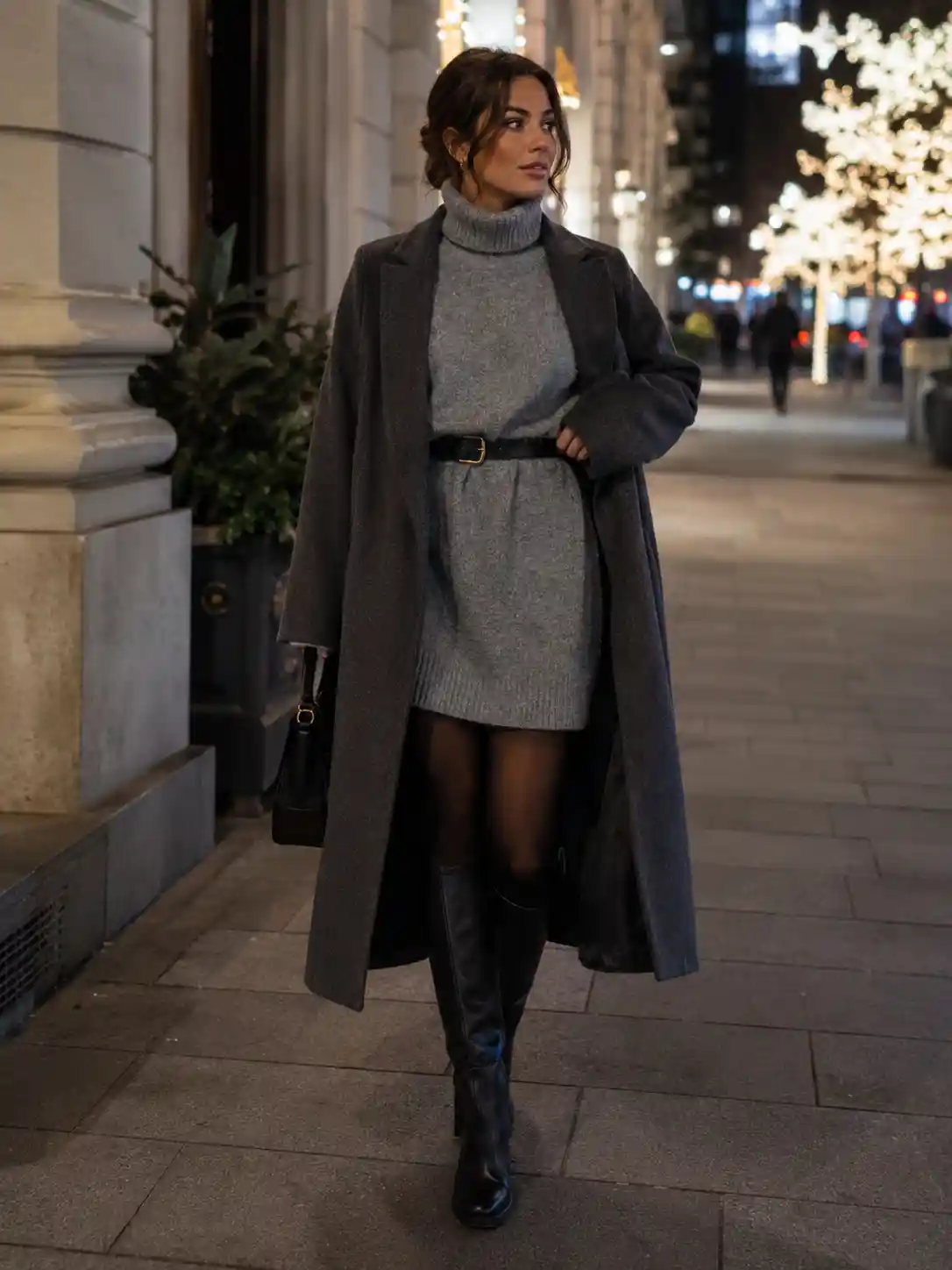 Grey Oversized Turtleneck and Knee-High Boots
