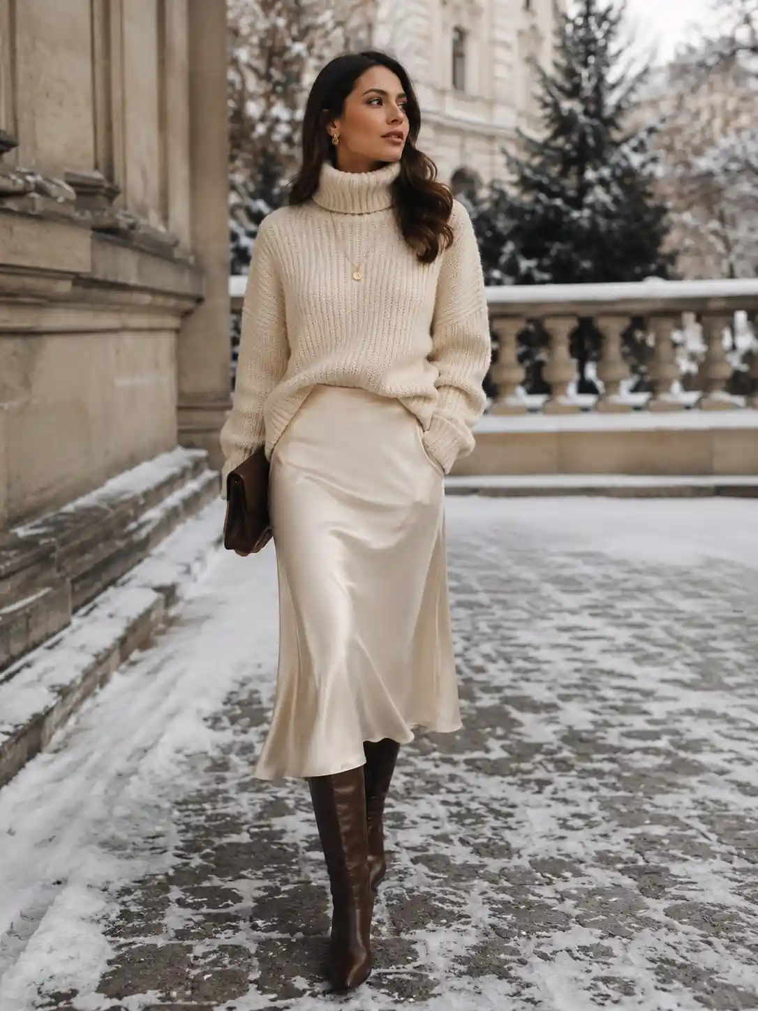 Chunky Knit Turtleneck and Satin Midi Skirt
