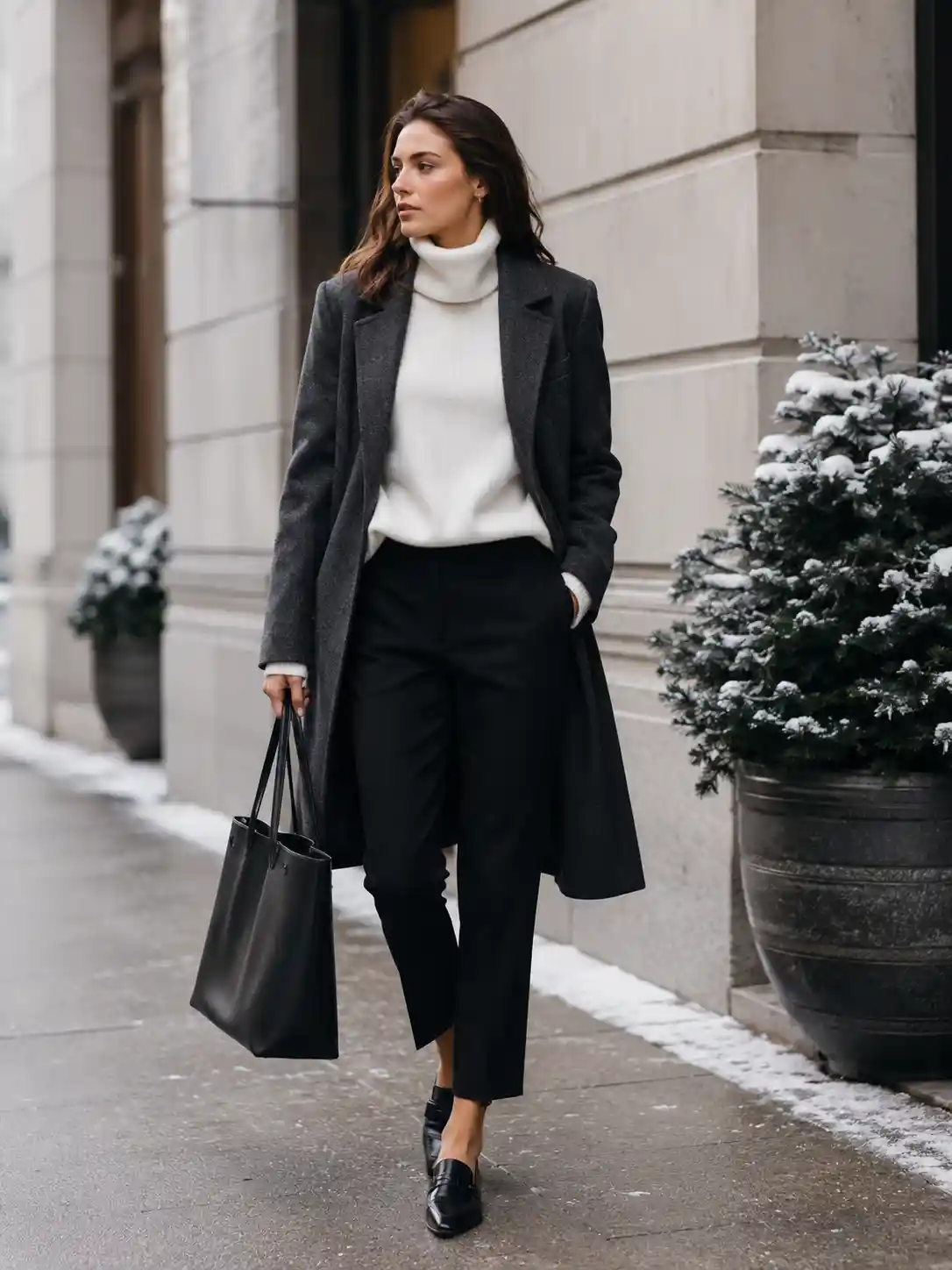 White Turtleneck with Black Tailored Trousers