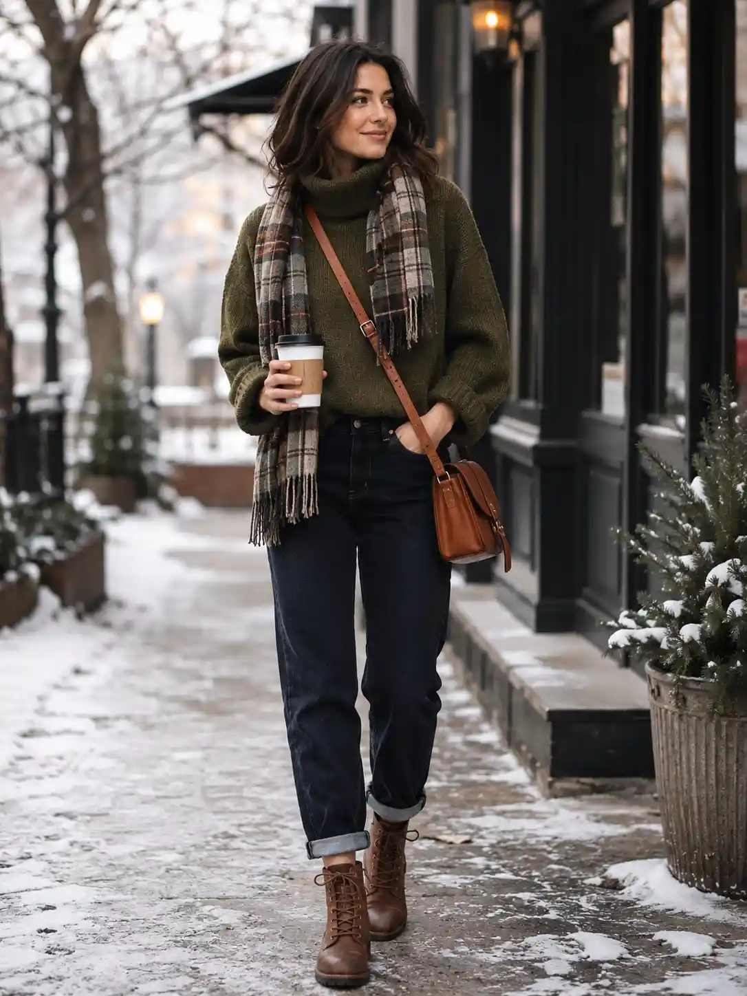 Olive Green Turtleneck and Dark Wash Denim