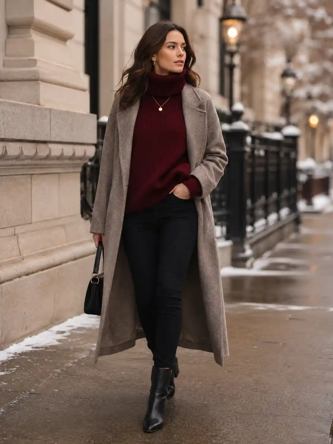 Burgundy Turtleneck with Wool Coat