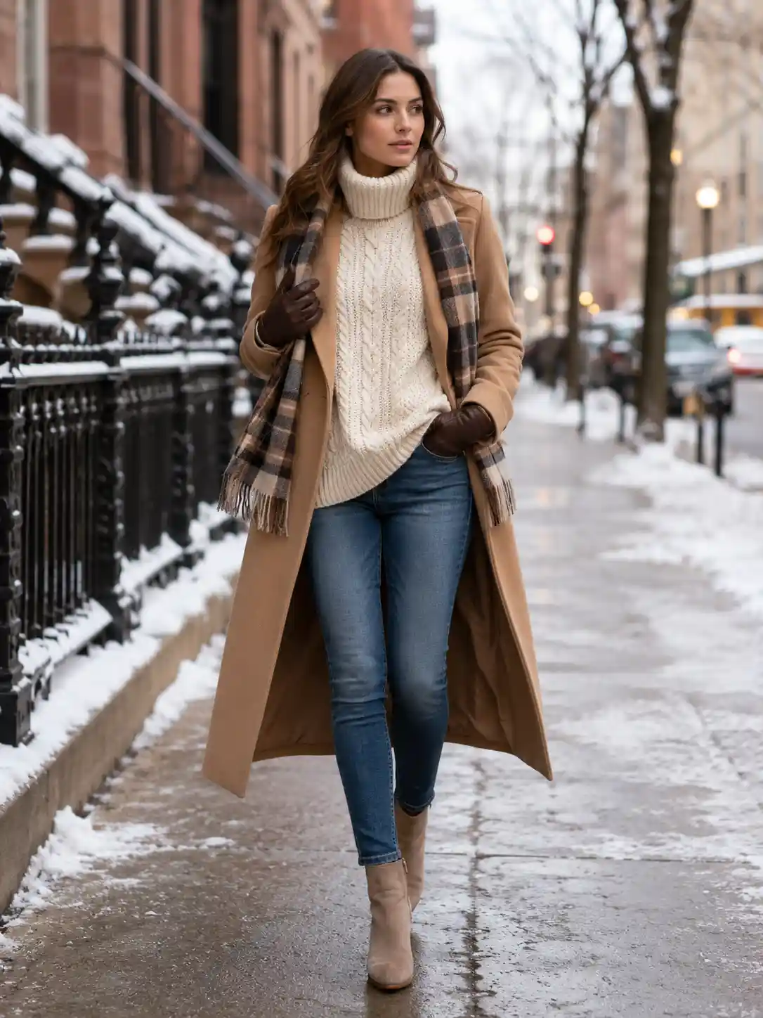 Cream Sweater Layered Under a Long Camel Coat