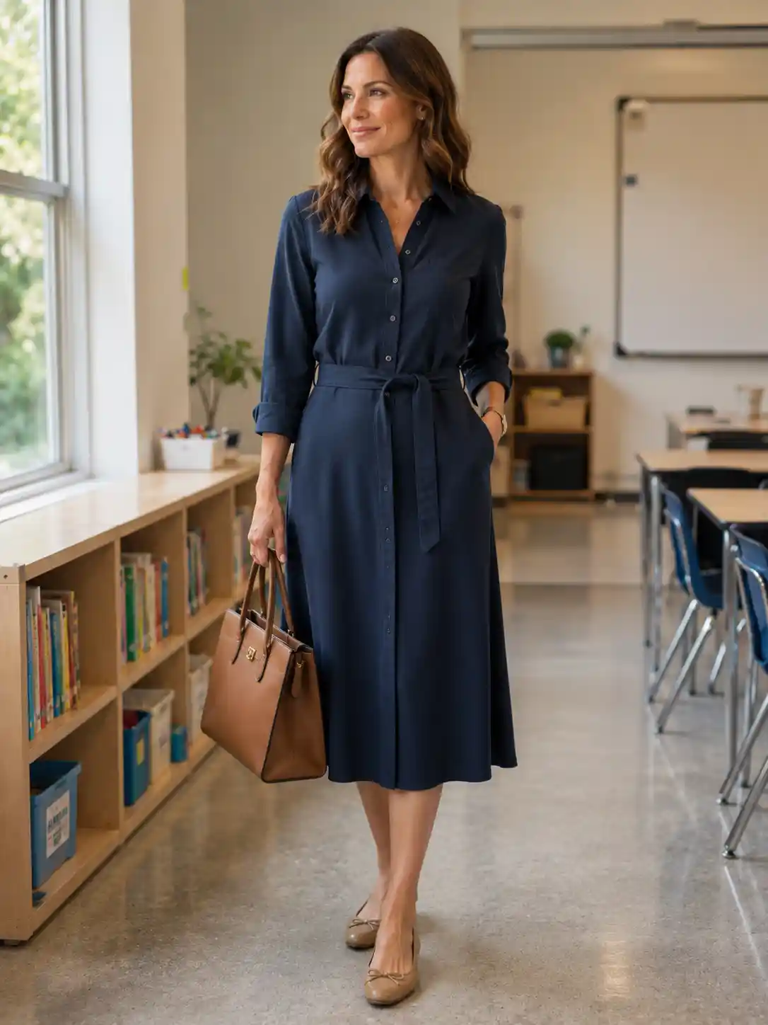 Belted Shirt Dress with Ballet Flats