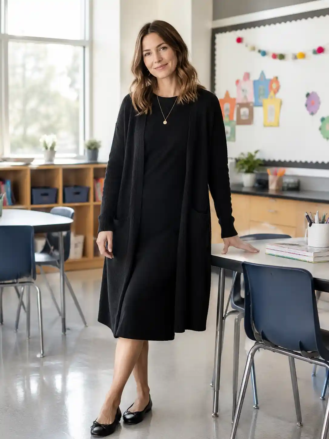 Black Knit Dress with a Long Cardigan