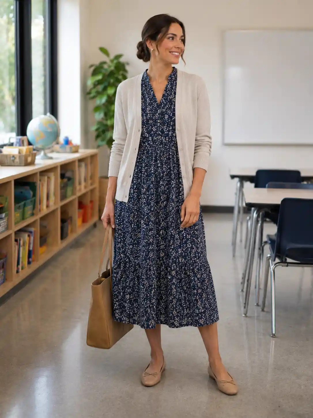 Cardigan Over a Printed Midi Dress