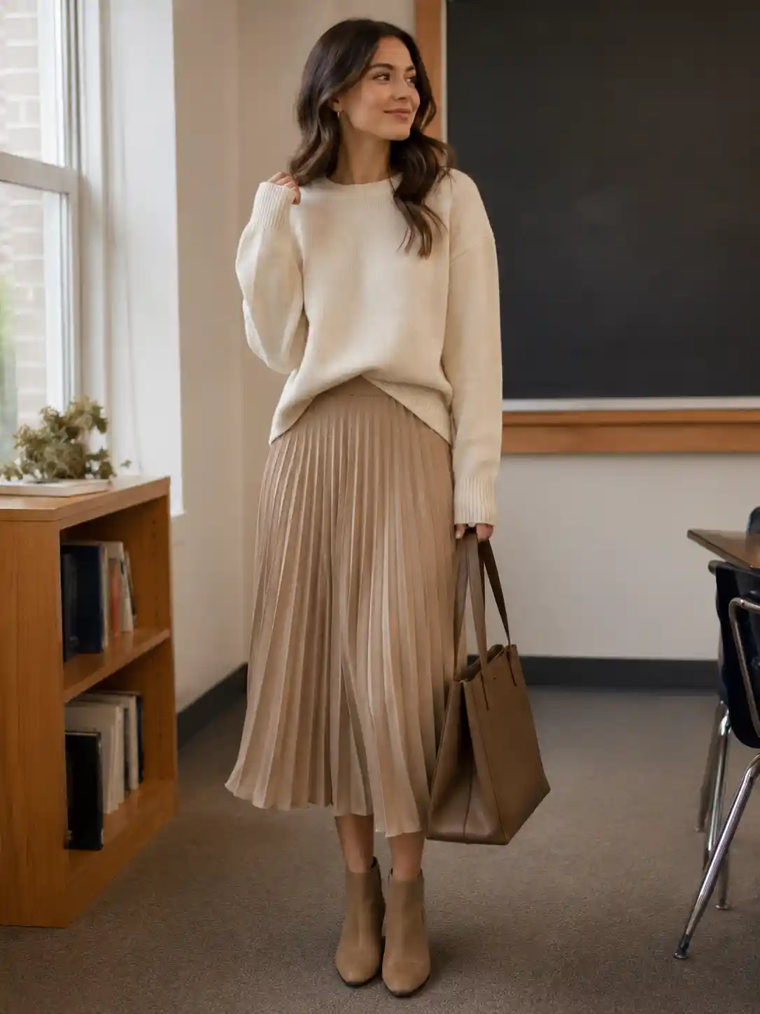 Knit Sweater with Midi Pleated Skirt