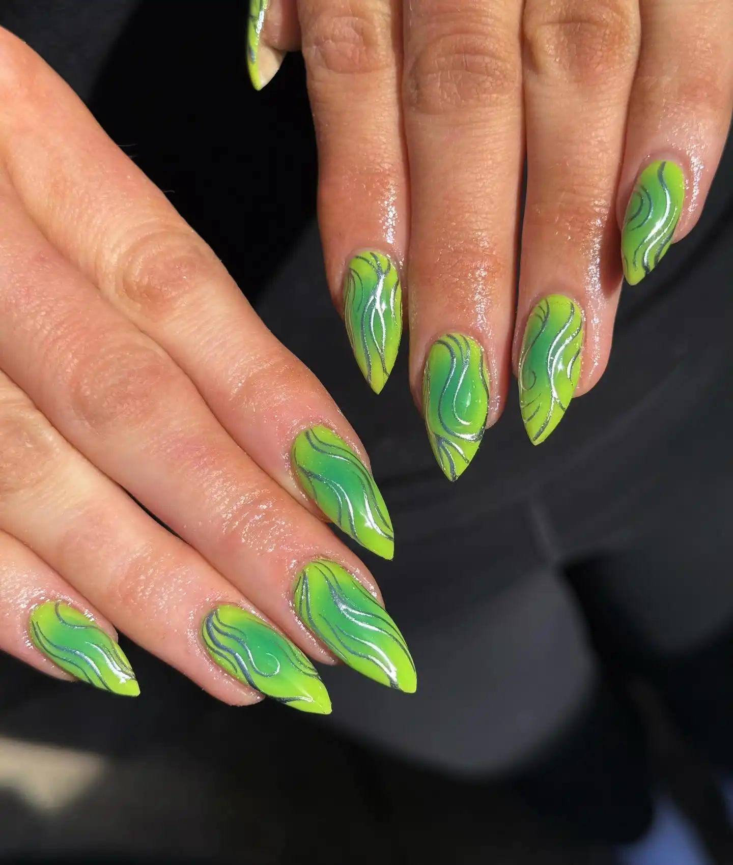 Lime Green Swirl Chrome Nails