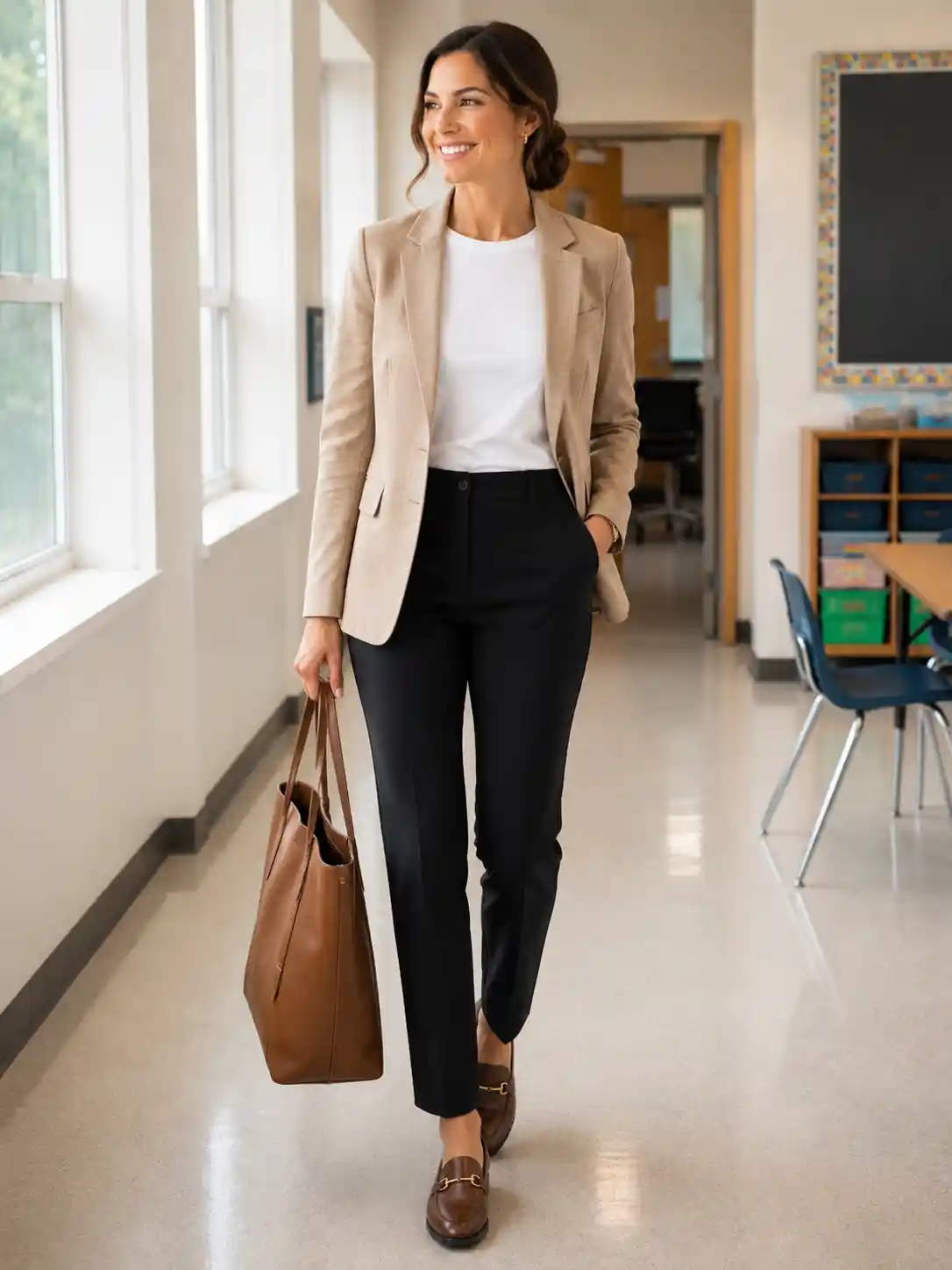 Neutral Blazer with a Simple T-Shirt and Dress Pants