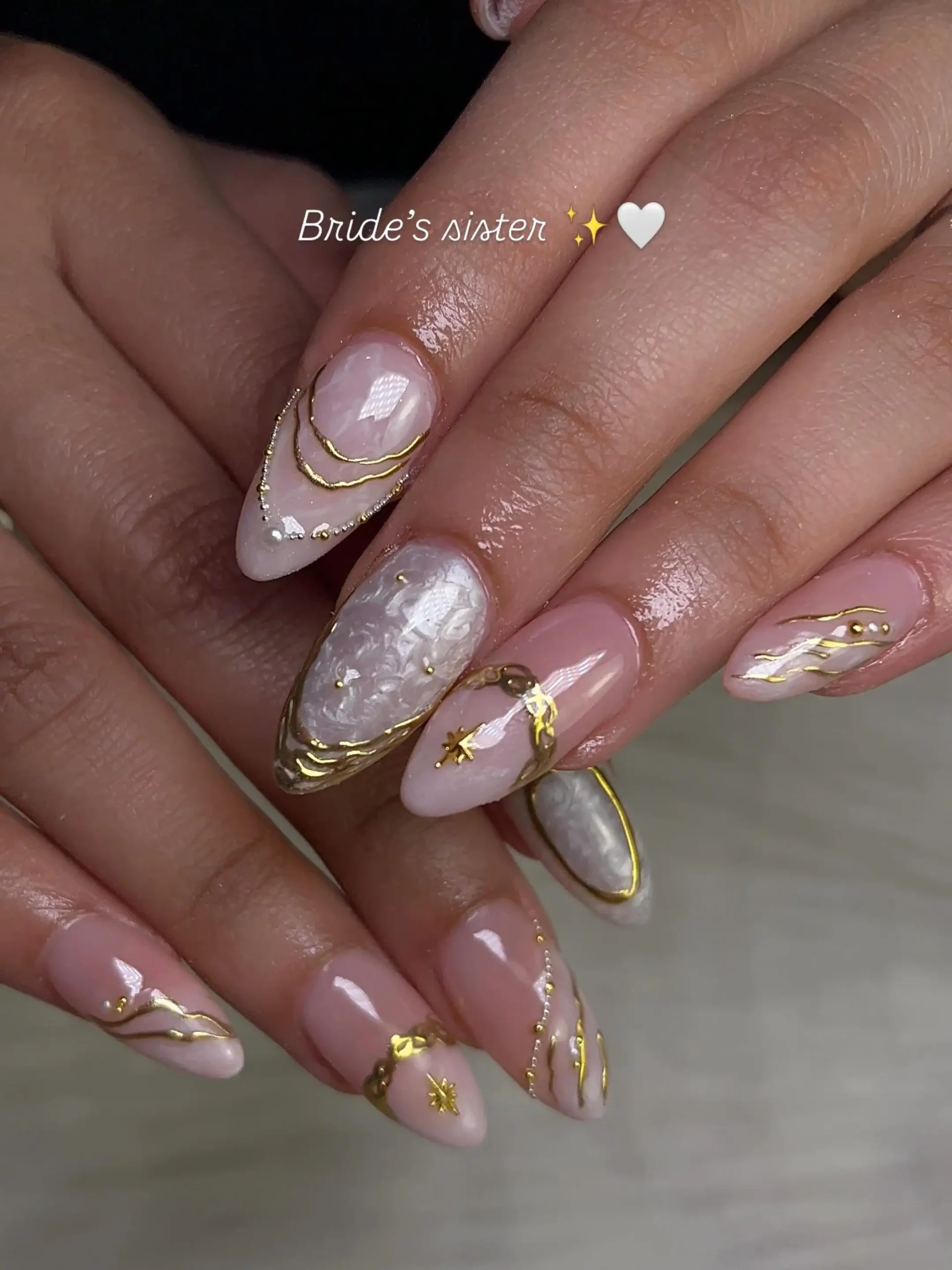 Pearl Chrome Nails with Gold Details