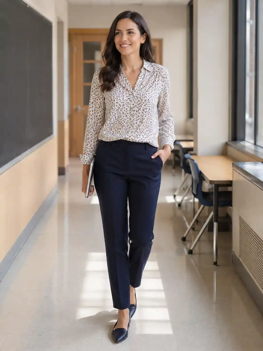 Printed Blouse with Navy Trousers