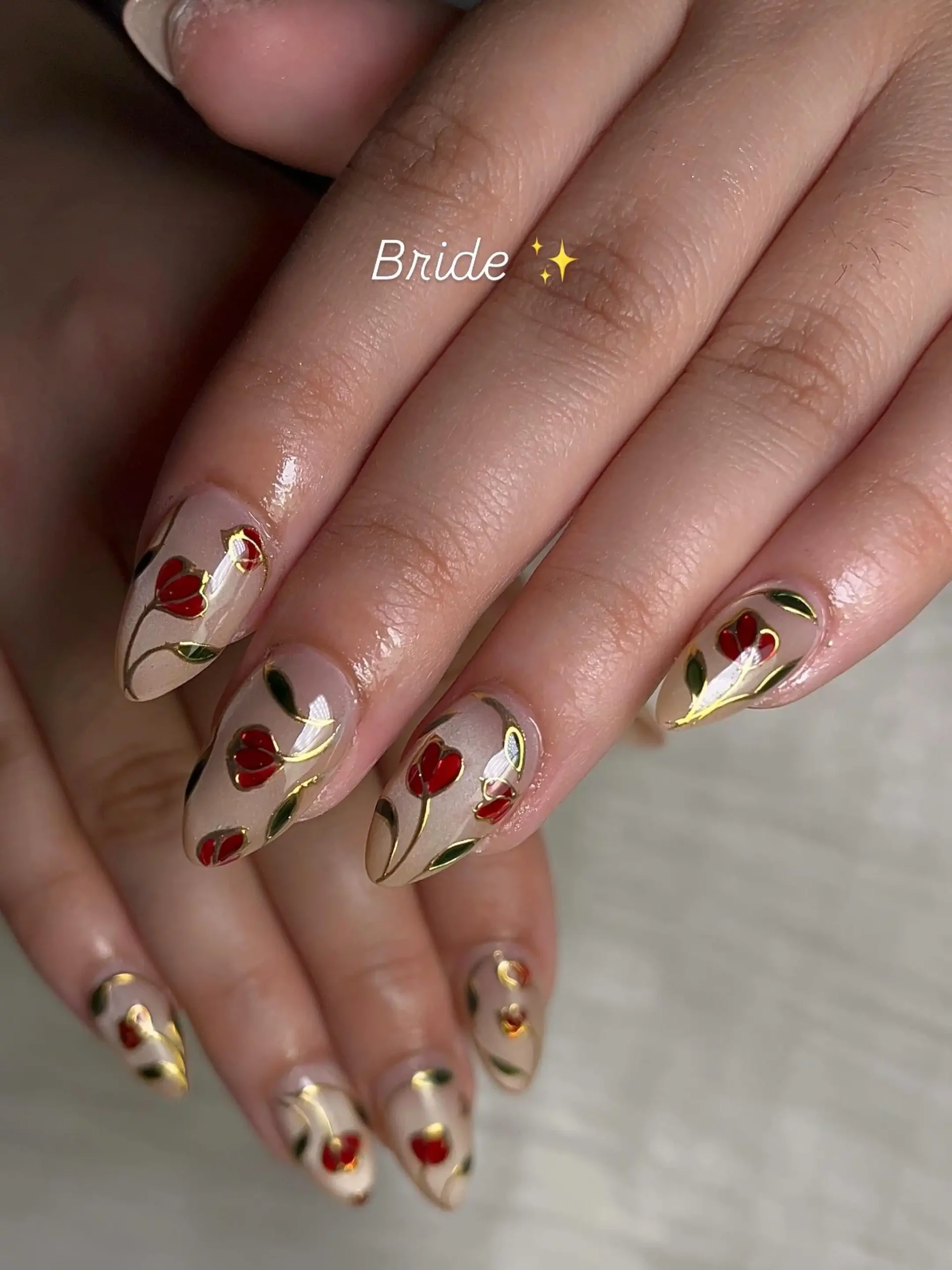 Red Floral Chrome Nails