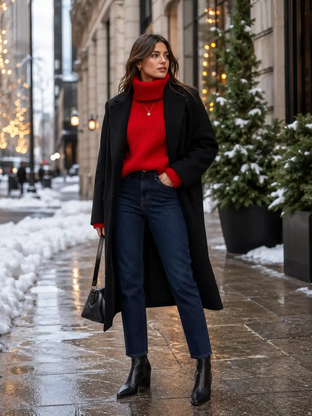 Red Oversized Turtleneck with Dark Denim